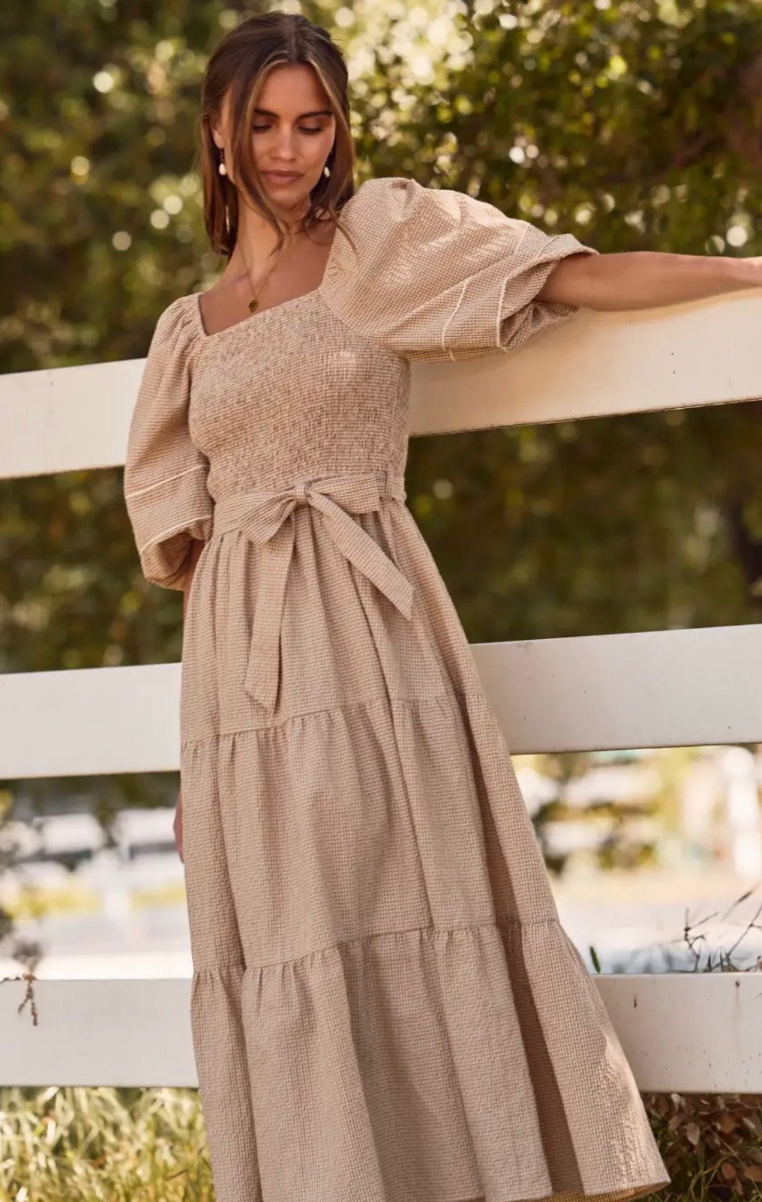 Tan Gingham Print Dress