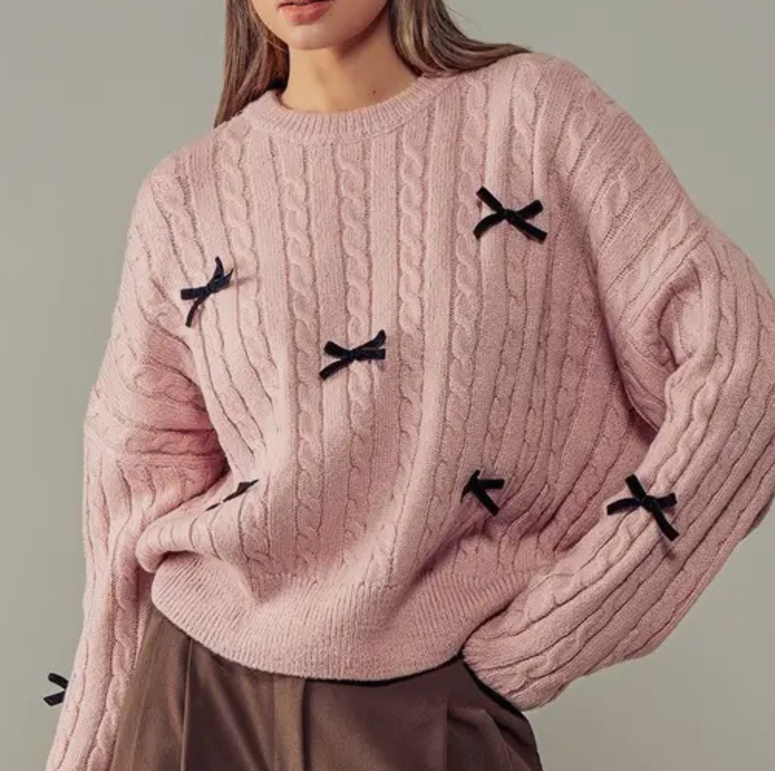 Sprinkled Bows Pink Cable Knit Sweater