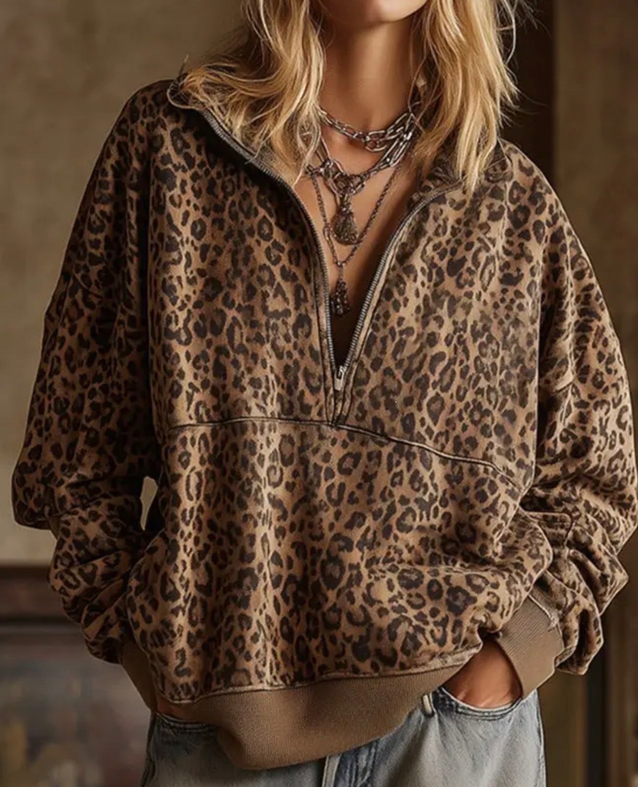 Leopard Print 1/2 Zip Pullover