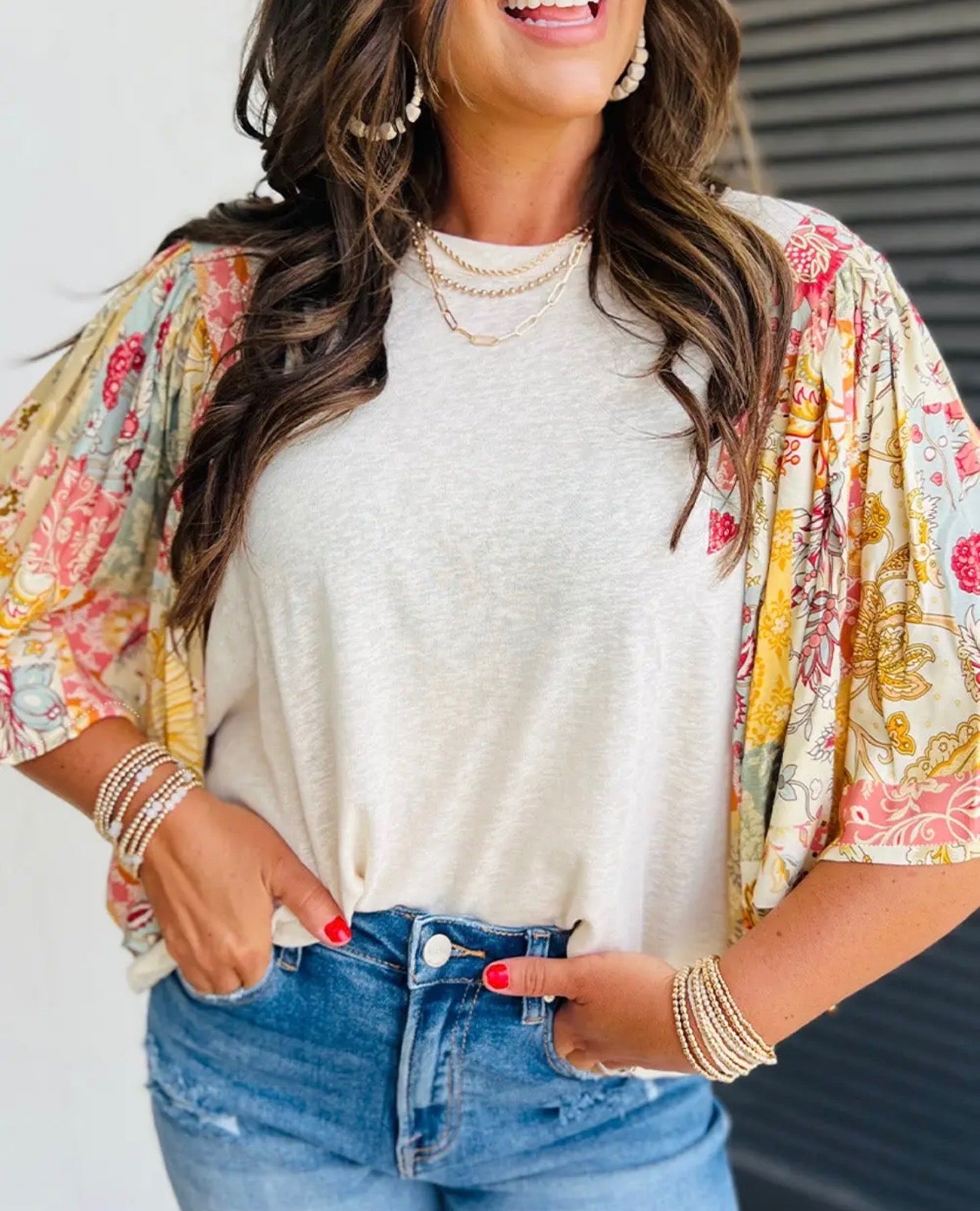 Beige Floral Batwing Blouse