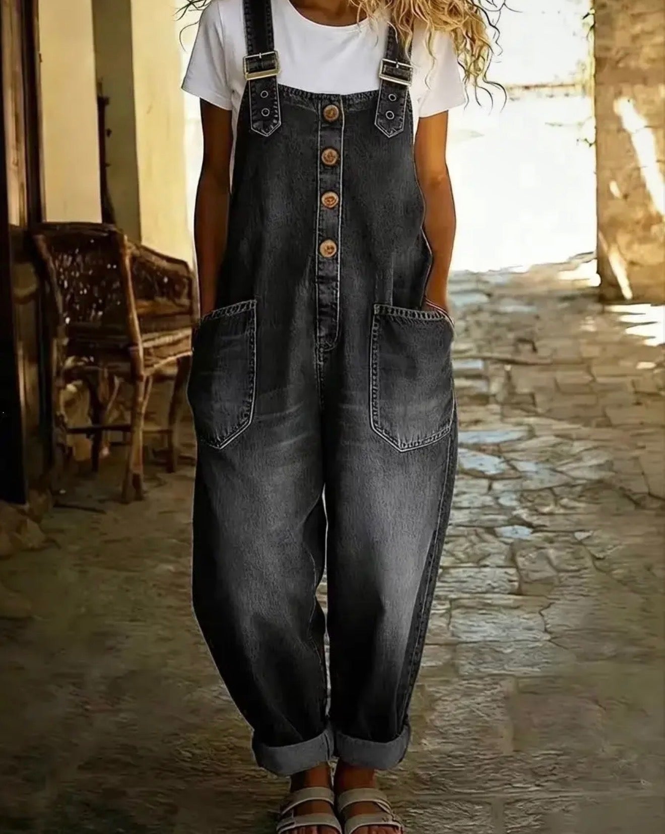 Washed Black Denim Overalls