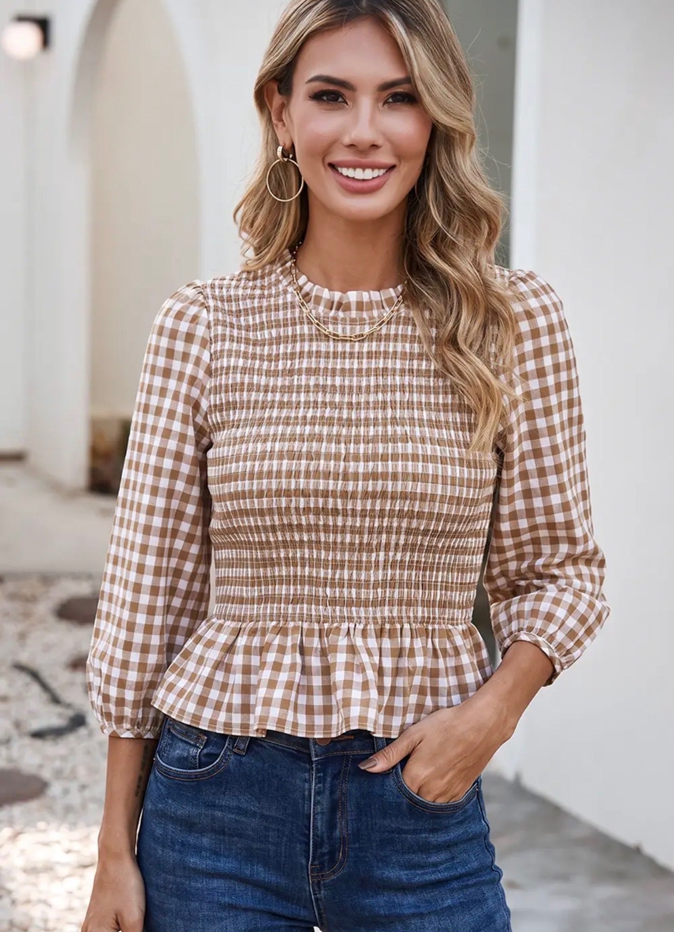 Brown Plaid Smocked Top