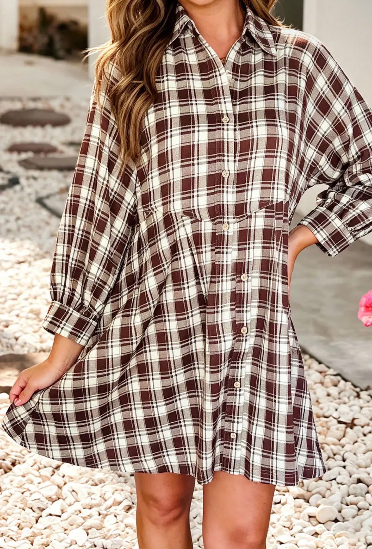 Plaid Long Sleeve Shift Dress