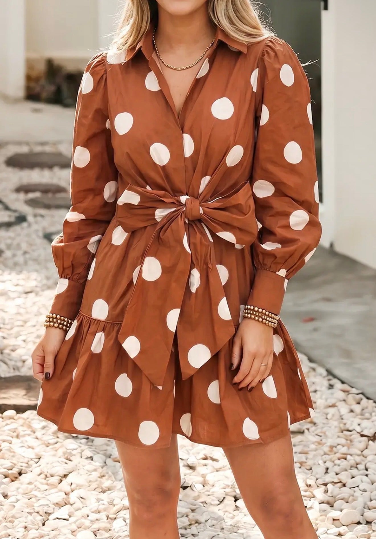 Polka Dot Long Sleeve Tie Waist Dress