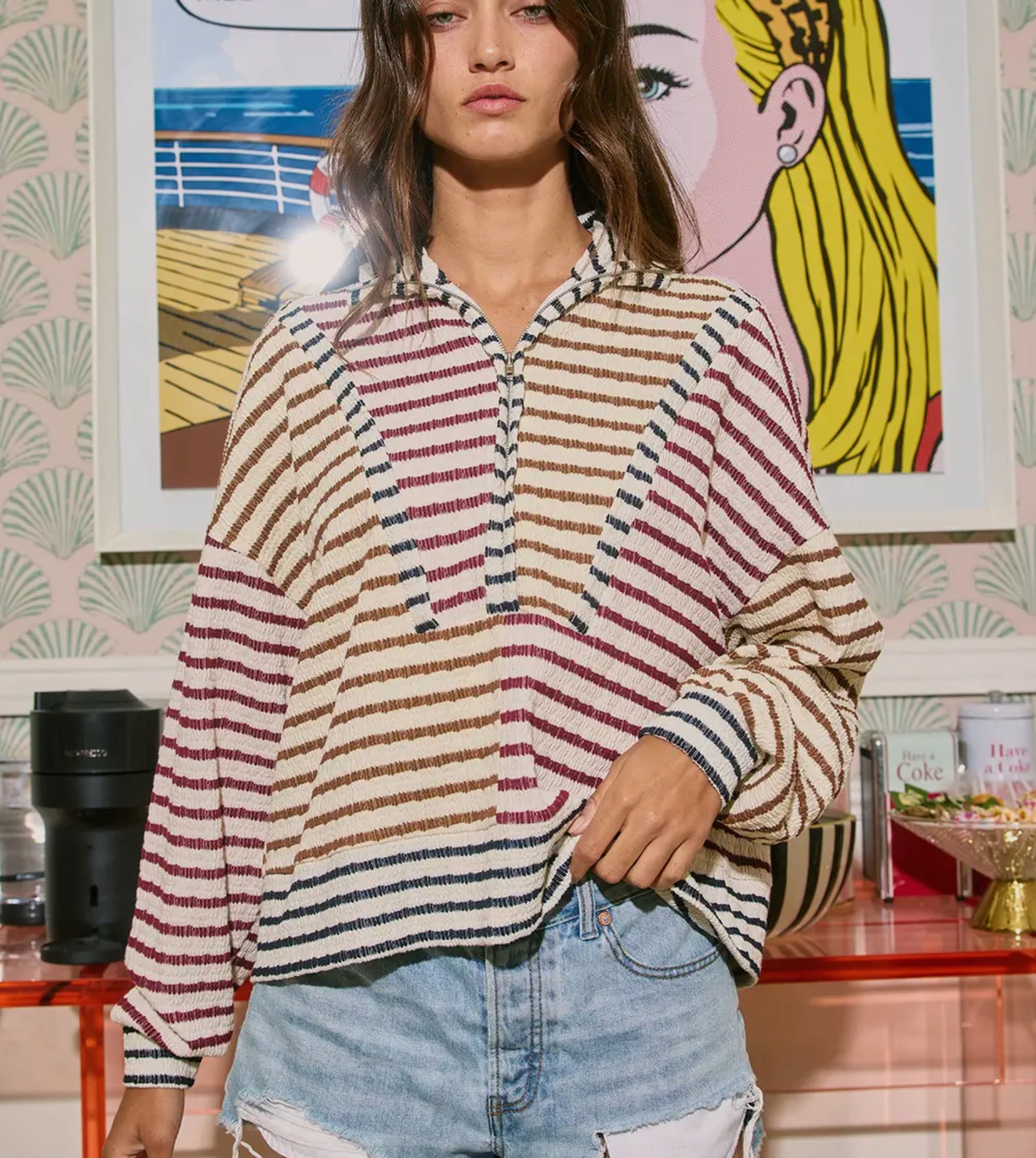 Oversized Half Zip Striped Top