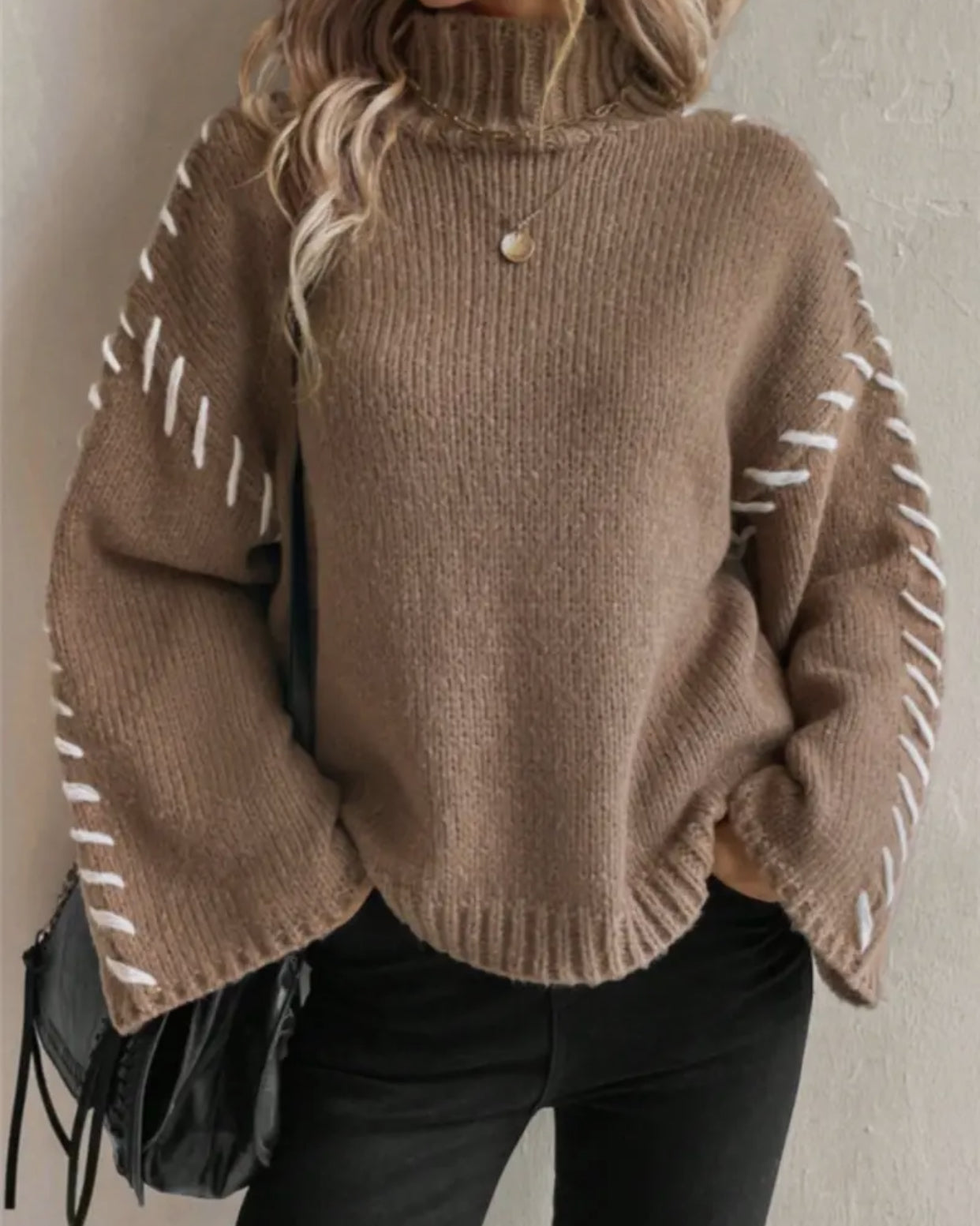 High Neck Contrast Line Sweater