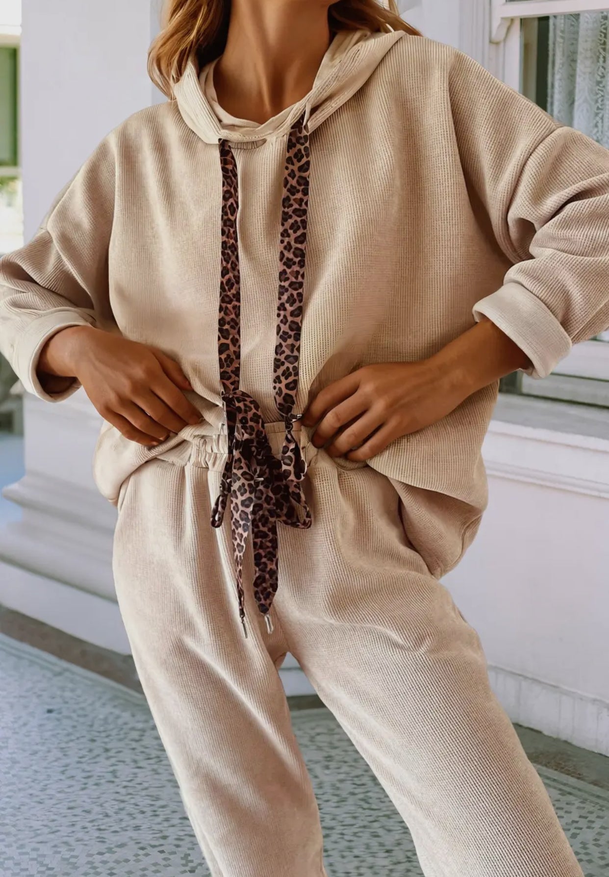 Lace Drawstring Hoodie Pants Set in Parchment