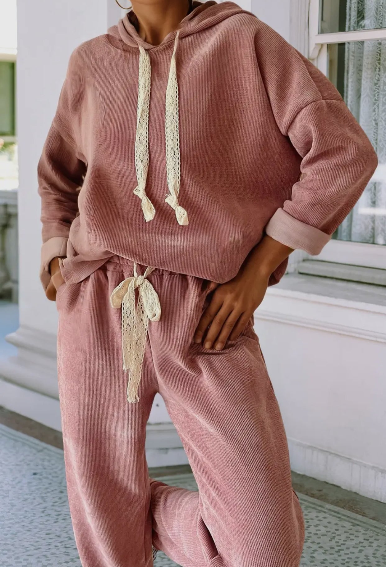 Lace Drawstring Hoodie Pants Set