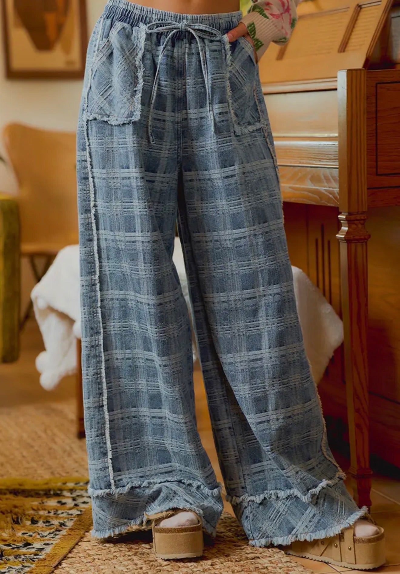 Plaid Style Wide Leg Denim