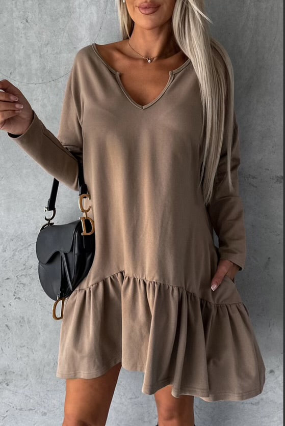 Throw In On & Go Taupe Ruffle Dress