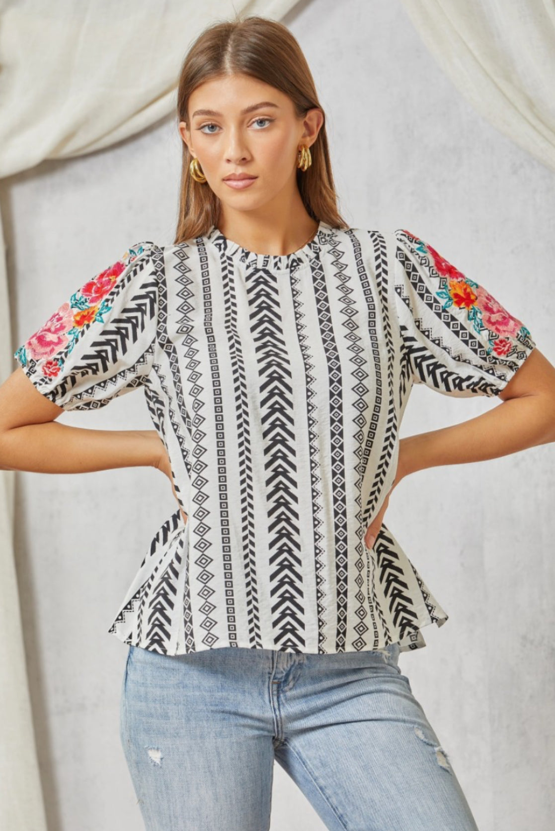 Geo Print Embroidery Top