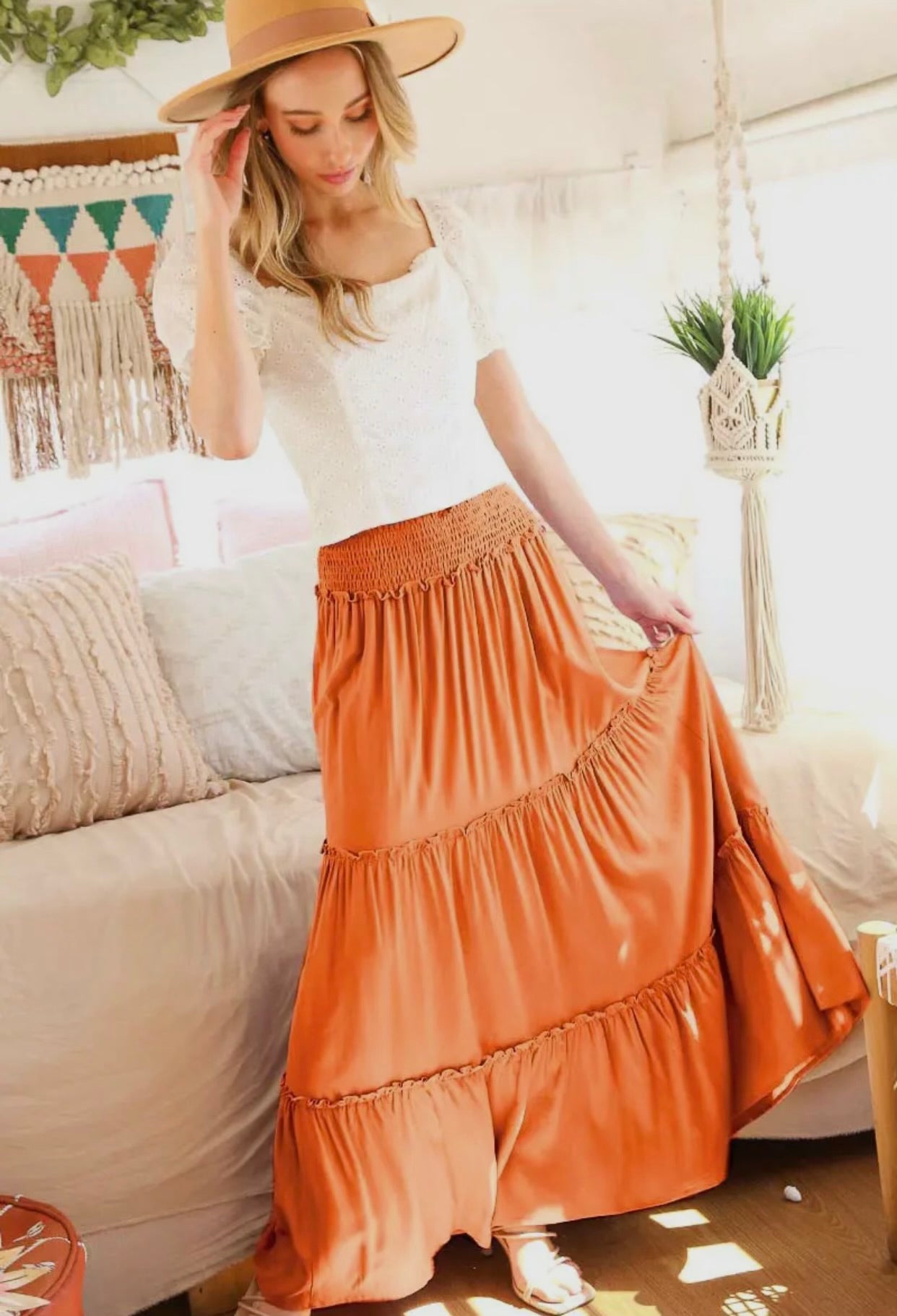 Smocked Waistband Tiered Maxi Skirt