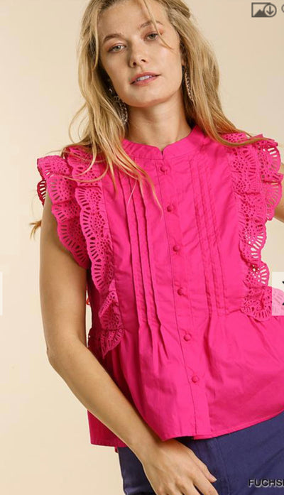 Eyelet Trim Top with Short Ruffle Sleeves