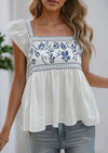 Embroidered Square Neck Ruched Blouse