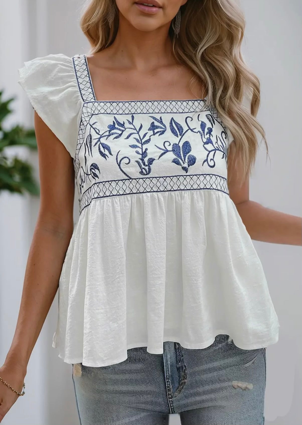 Embroidered Square Neck Ruched Blouse