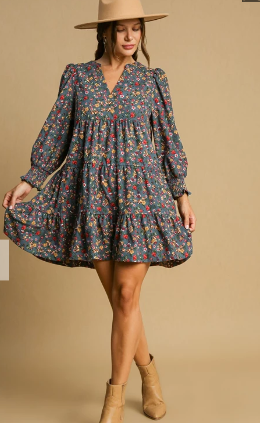 Floral Corduroy V-Neck Dress