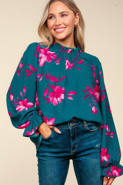 Floral Frilled Mock Neck Top