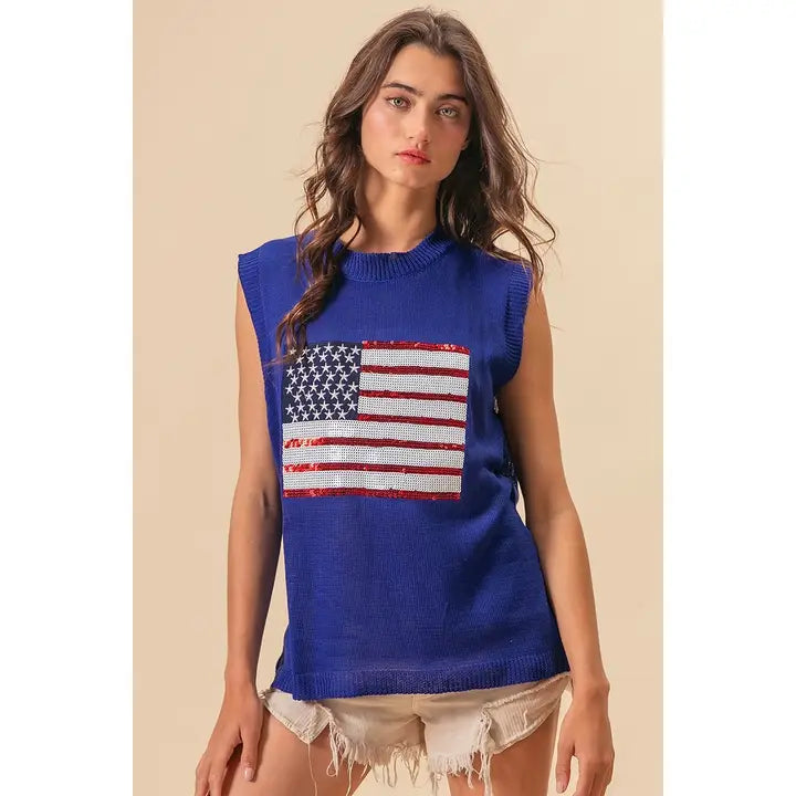 American Flag Sequins Patch Knit Top