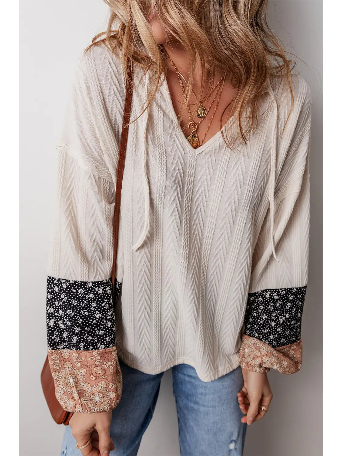 Floral Patchwork Knit Drawstring Blouse