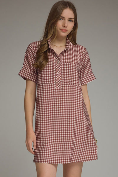 Red Bean Gingham Shirt Dress
