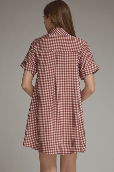 Red Bean Gingham Shirt Dress
