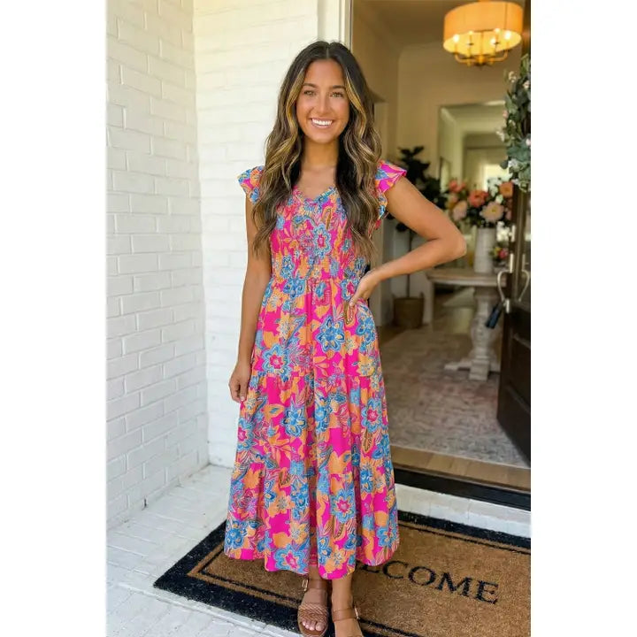 Hot Pink Boho Floral Dress