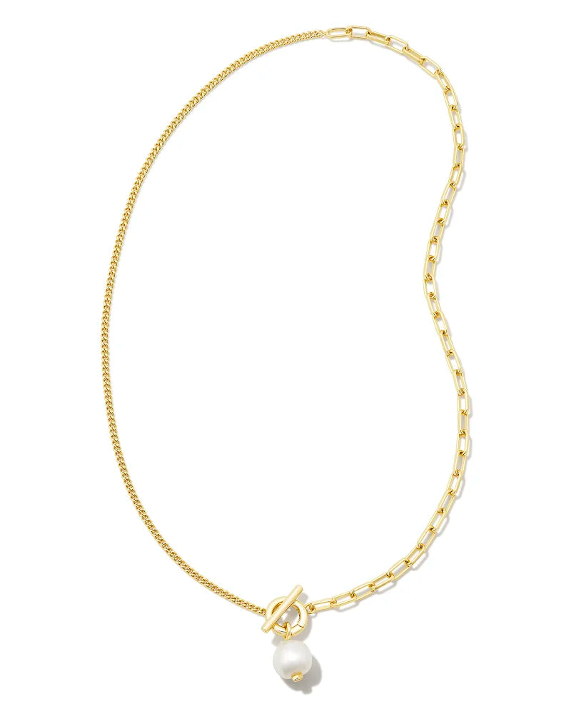 Leighton Convertible Gold Pearl Chain Necklace in White Pearl