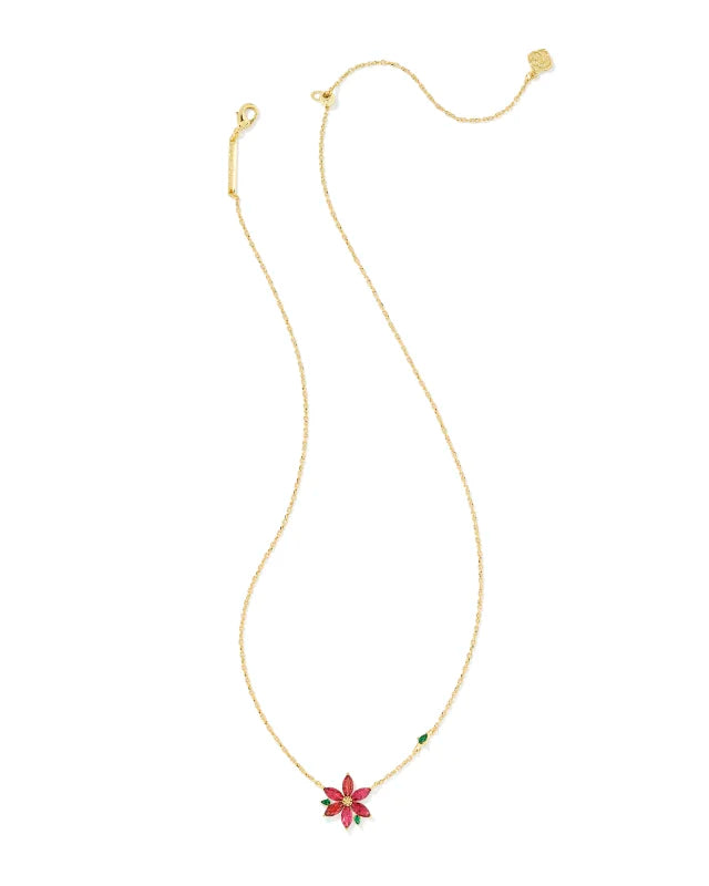 Poinsettia Gold Short Pendant Necklace in Red Mix