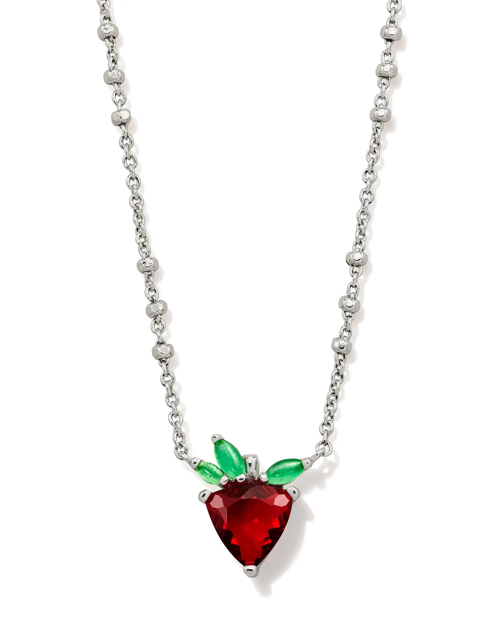 Strawberry Silver Short Pendant Necklace in Dark Pink Crystal