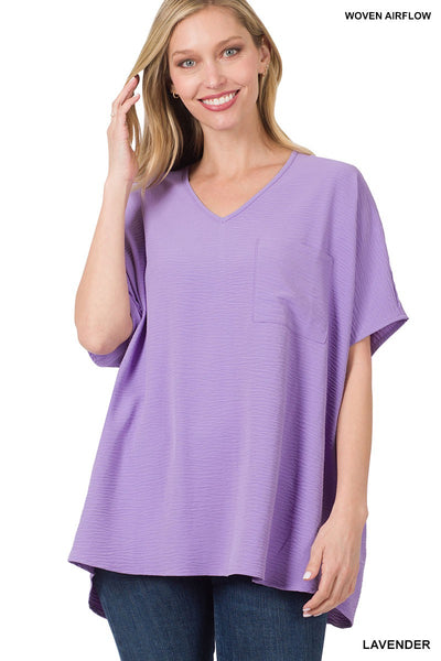 WOVEN V-NECK DOLMAN SHORT SLEEVE TOP