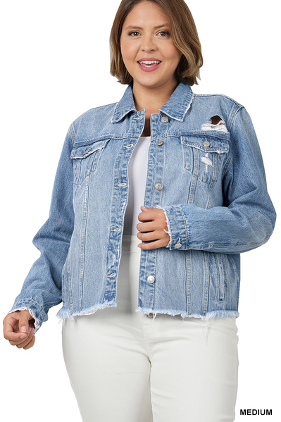 Zenana Distressed Denim Jacket in Medium Wash