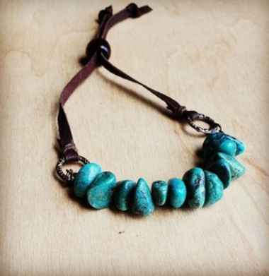 Natural Turquoise Beaded Bracelet w/Adjustable Leather Strap