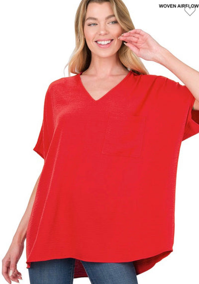 WOVEN V-NECK DOLMAN SHORT SLEEVE TOP