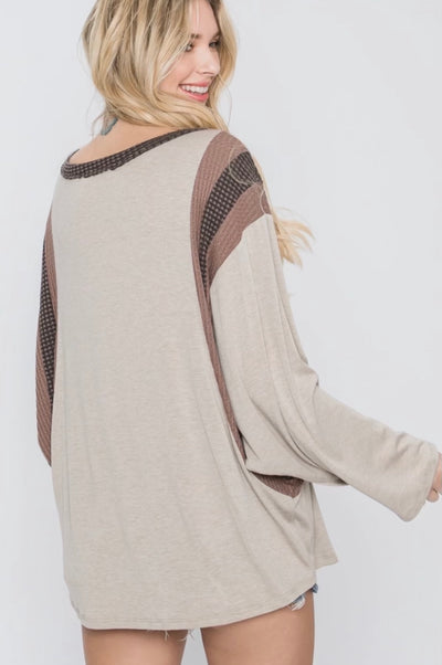 Taupe Top with Striped Side Detail