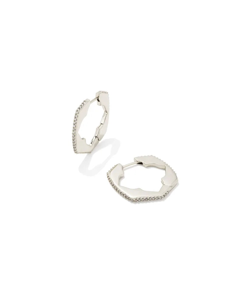 Mallory Silver Huggie Earrings in White Crystal
