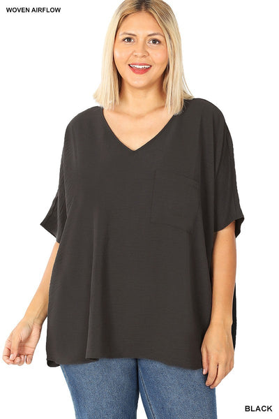 WOVEN V-NECK DOLMAN SHORT SLEEVE TOP