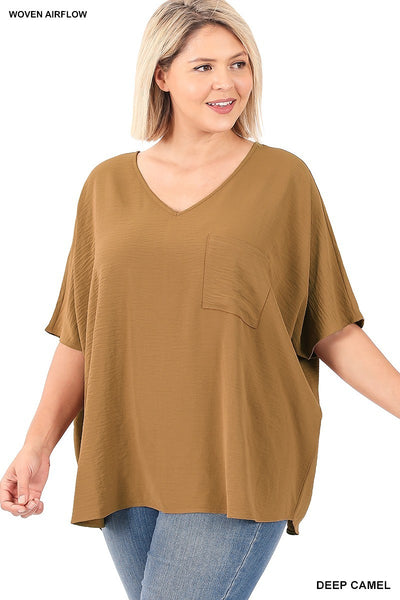 WOVEN V-NECK DOLMAN SHORT SLEEVE TOP