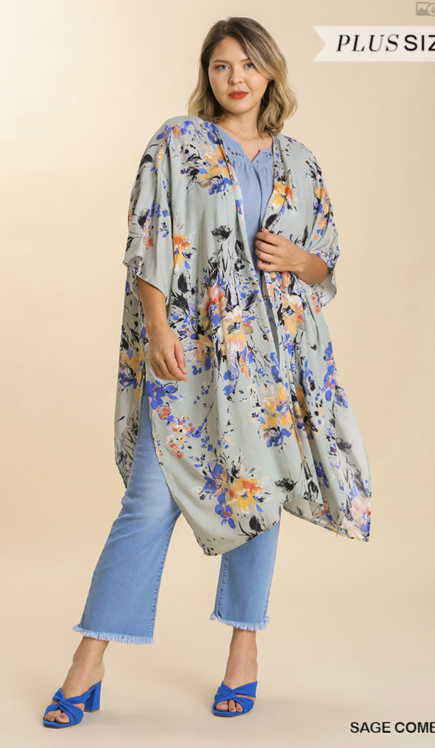 Floral Print Bell Sleeve Kimono w/ Side Slits